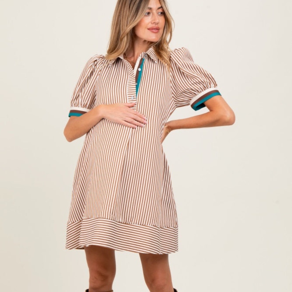 Maternity Striped Puff Sleeve Mini Shirt Dress